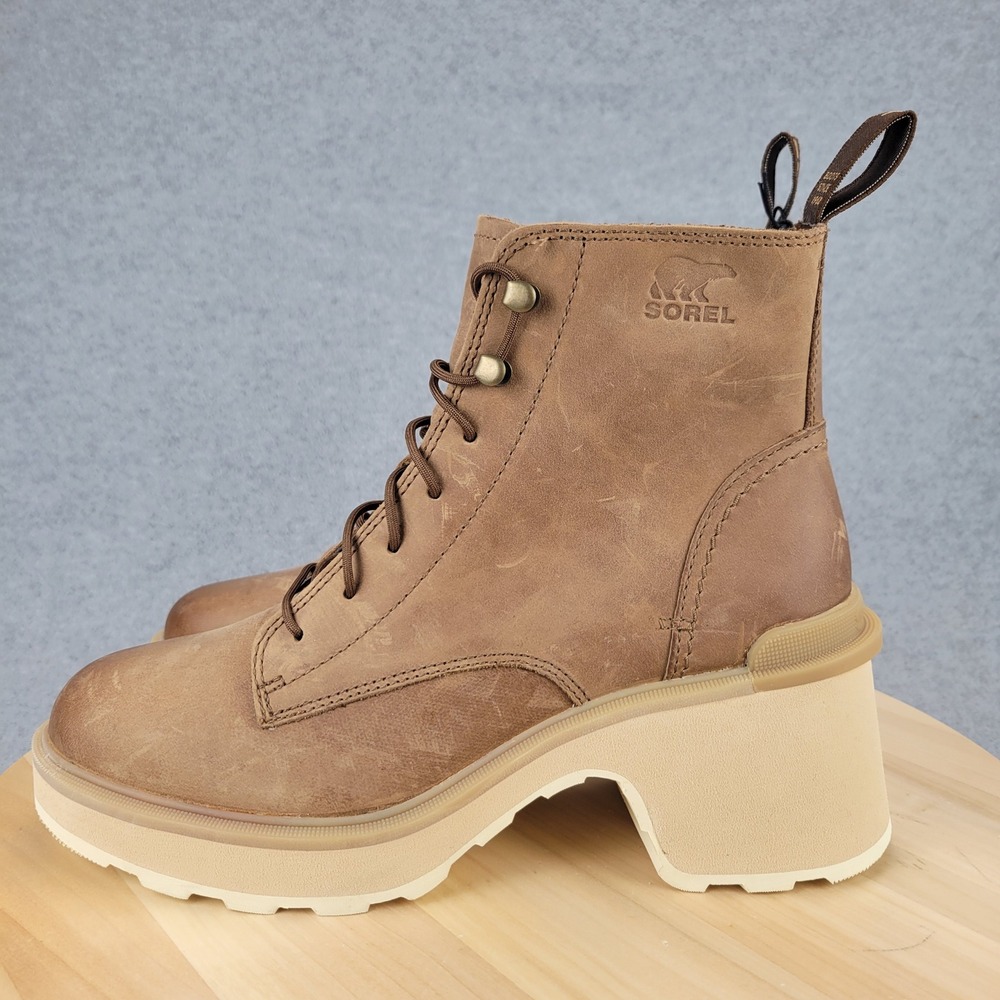 Sorel Hi Line Boot Lace Women 8.5 Brown Umber Waterproof Leather Chunky Heel